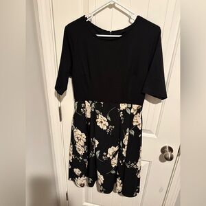 Black Floral Midi Dress with Cream Accents